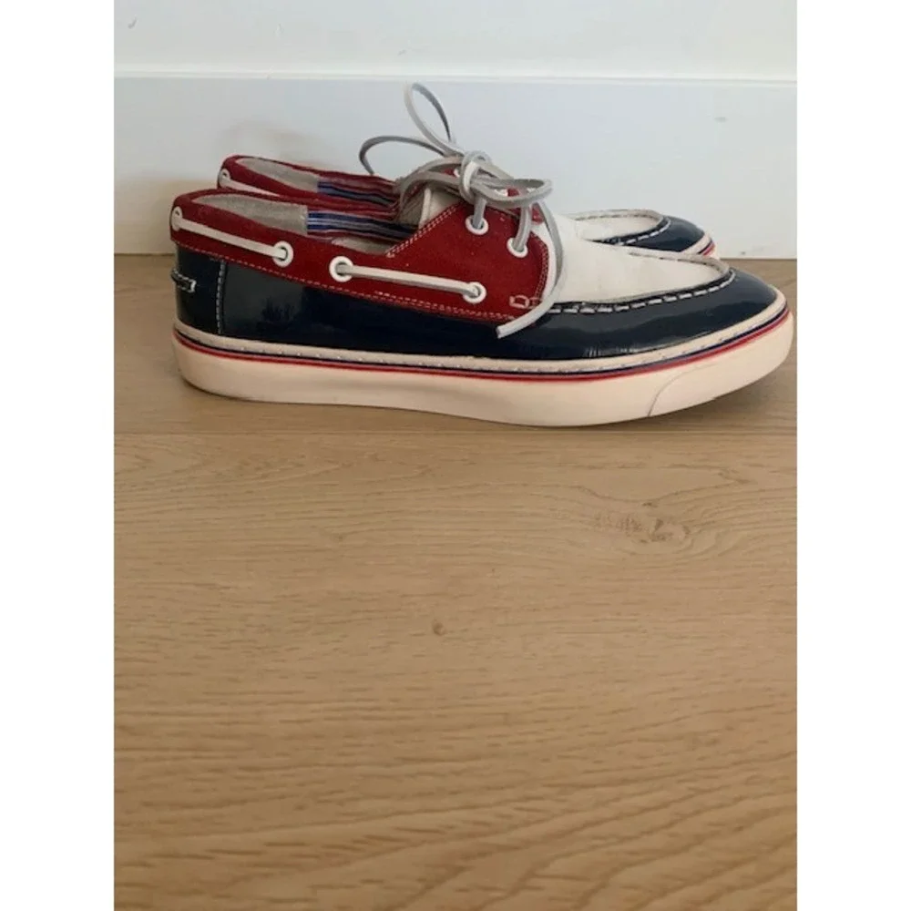 Gucci Mens Boat Shoes 232417 Red White Navy Patent Leather Suede Deck Shoes 9.5